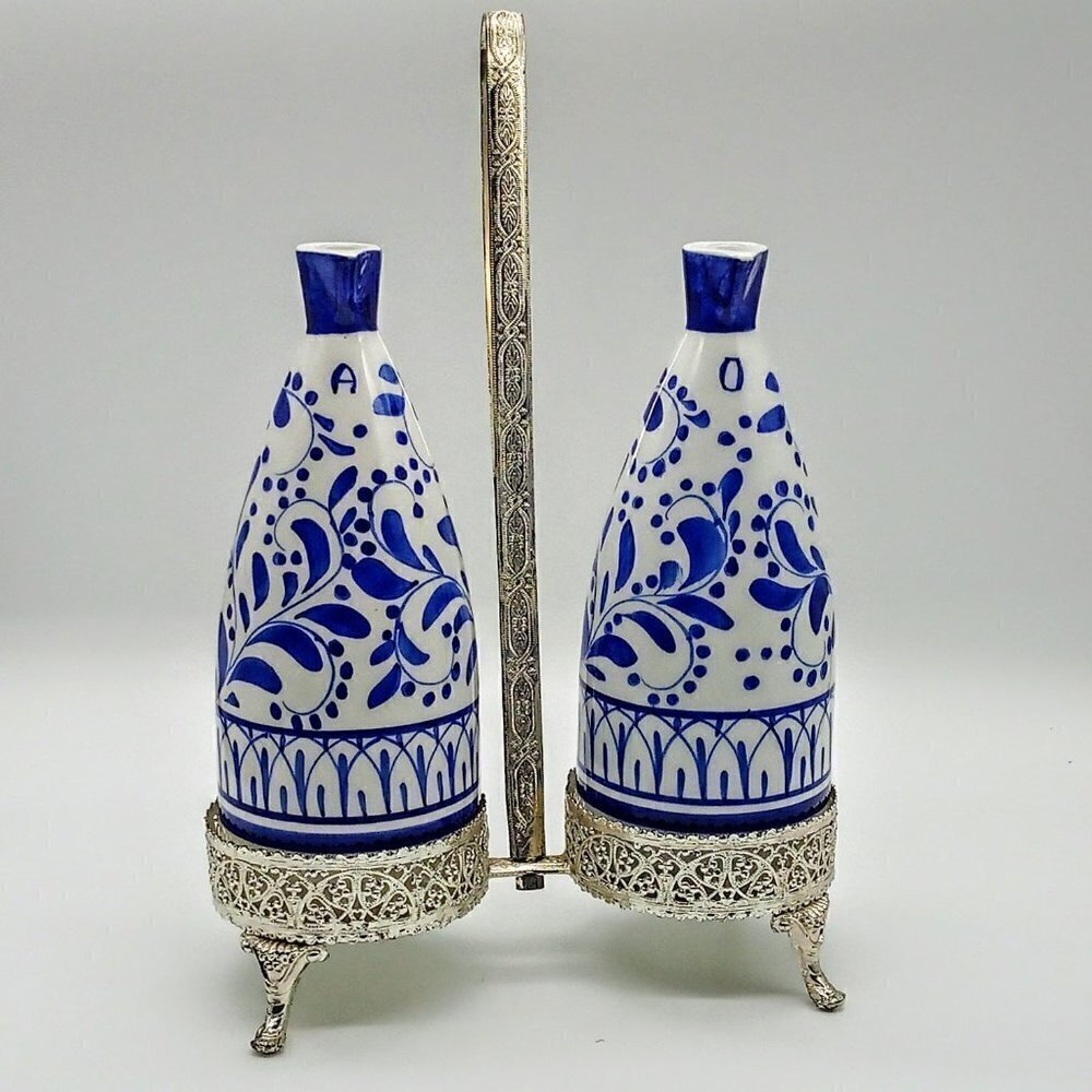 Alfa Italy Ceramic Pitchers Silverplated Filigree Cage Holder